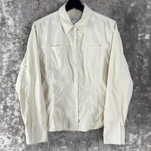 Liz Caliborne Size L Casual Snap Button Top Ivory Long Sleeve Collar Cotton